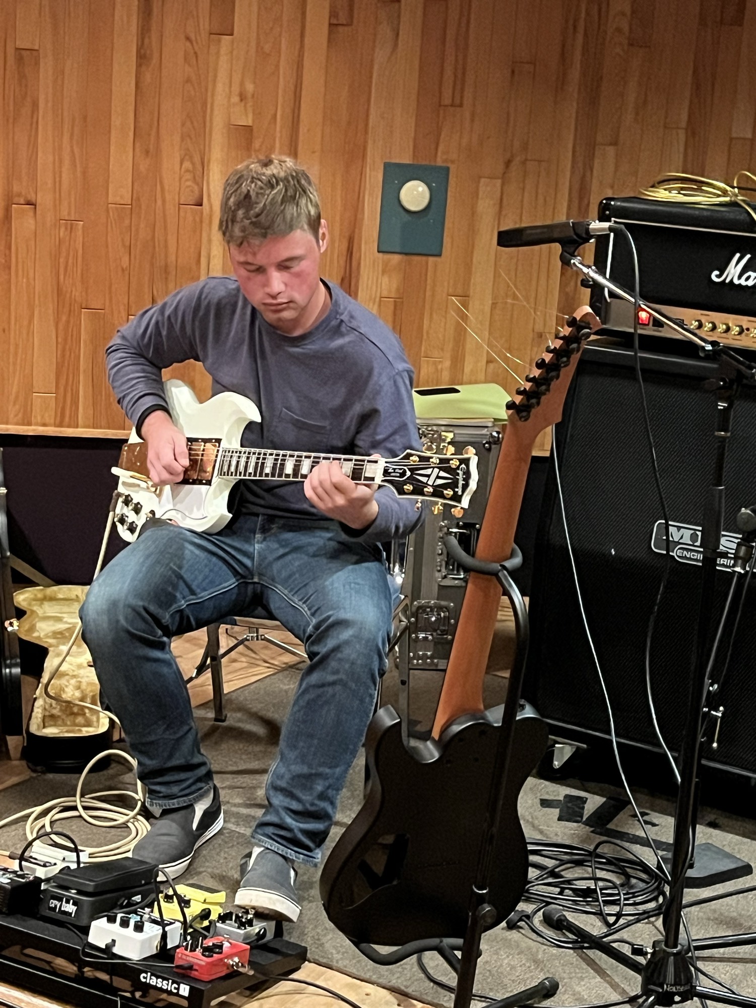 Tyler — white SG in the studio